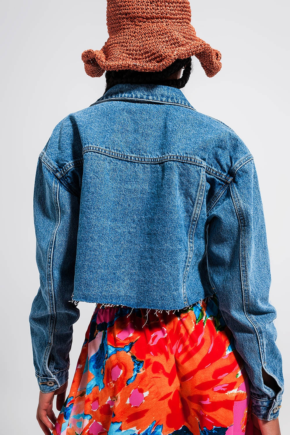 Cropped Denim Jacket With Raw Hem in Mid Wash