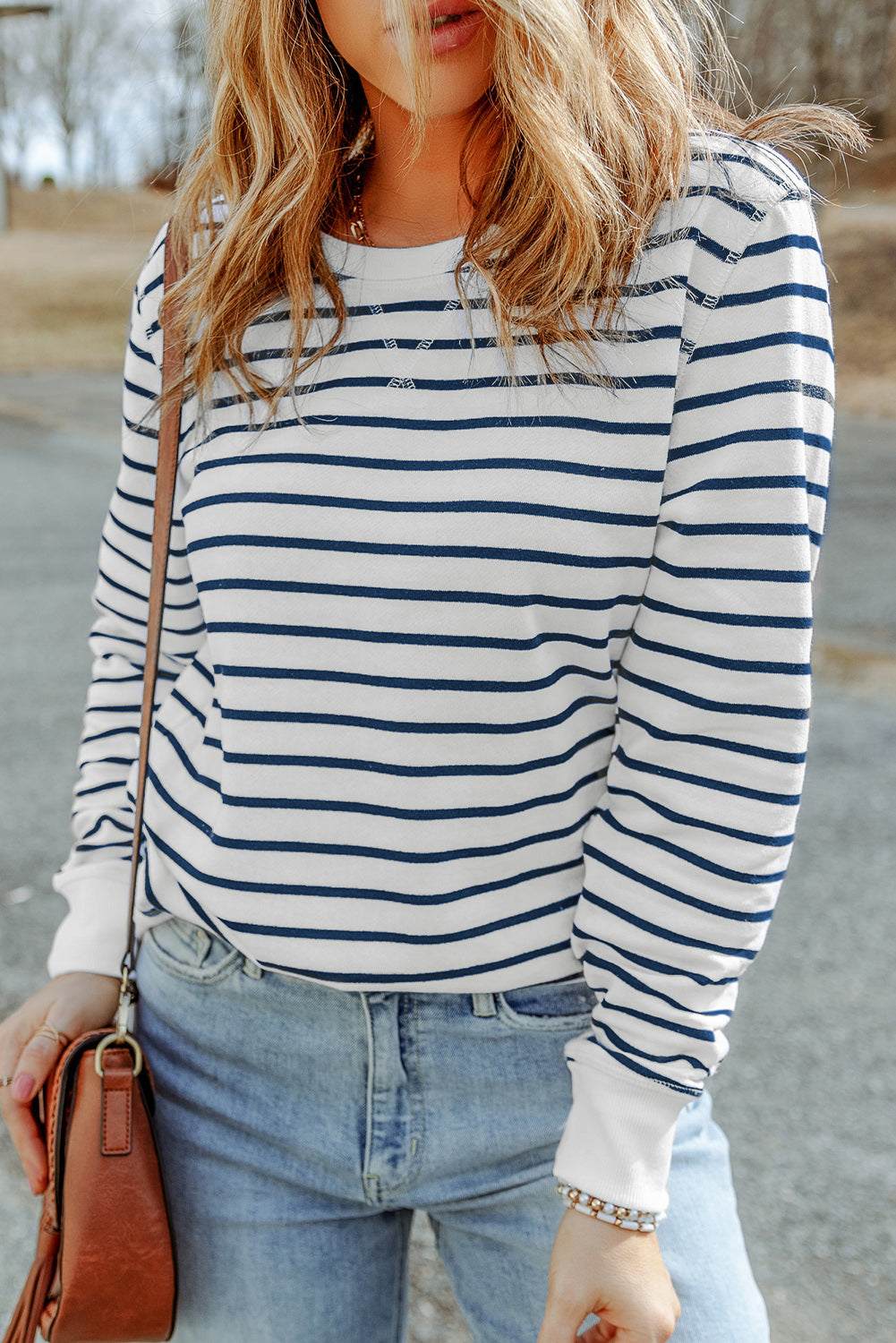 Hannah Striped Print Ribbed Trim Long Sleeve Top